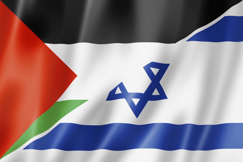 Mixed Palestine and Israel flag, three dimensional render, illustration