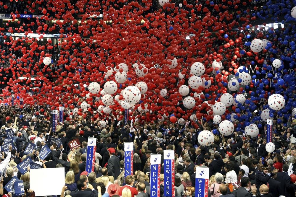 ST. PAUL, MN - SEPTEMBER 04:   Balloons and confetti drop from the ceiling at the end of Republican U.S presidential nominee U.S. Sen. John McCains (R-AZ) speech on day four of the Republican National Convention (RNC) at the Xcel Energy Center on September 4, 2008 in St. Paul, Minnesota. U.S. Sen. John McCain (R-AZ) will accept the GOP nomination for U.S. President Thursday night.  (Photo by Justin Sullivan/Getty Images)