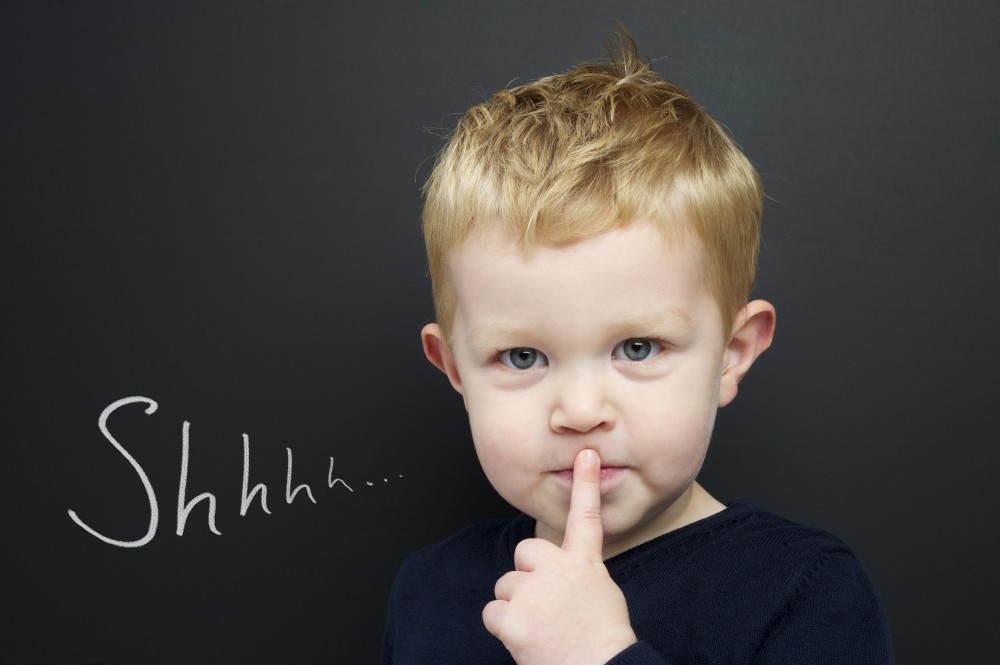 Smart young boy wearing a navy blue jumper stood infront of a blackboard with his finger over his lips being quiet