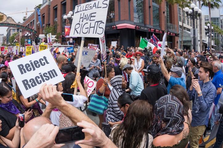 San Diego, California, USA - May 27, 2016: Hundreds of protesters gather in the Gaslamp area to display their thoughts about Donald Trump's presidential campaign at an anti-Trump demonstration.