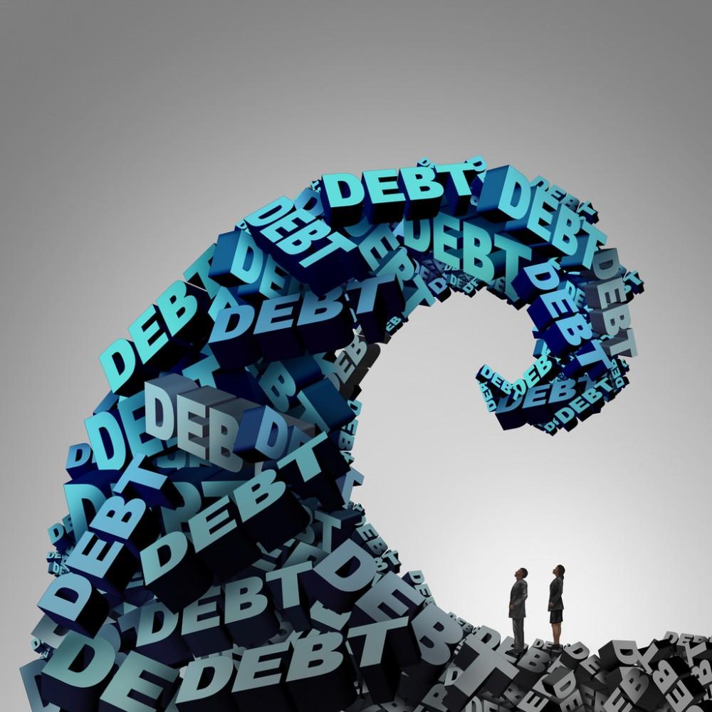 Debt pressure financial concept as a huge wave or tide made of 3D illustration text as a finance and economic crisis metaphor for money problem risk and budget management trouble.