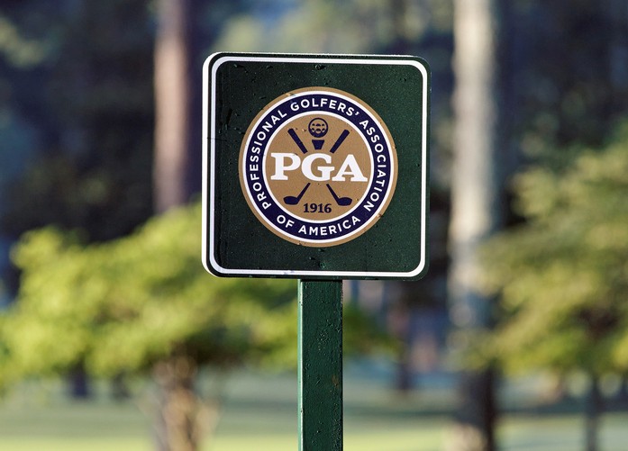 Johns Creek, Georgia, USA - August 10, 2011: A PGA sign on the golf course of the Atlanta Athletic Club during the 2011 PGA Championship. The PGA Championship is one of professional golf\s four annual major tournaments.