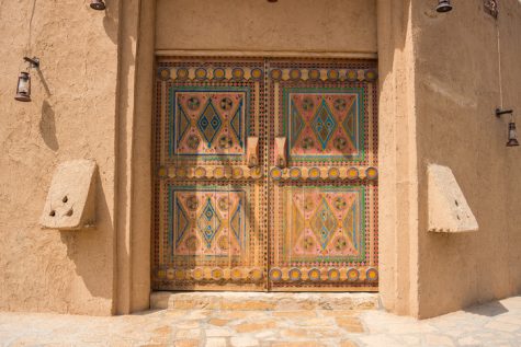 Authentic Arabian style wooden door with decoration pattern in Riyadh, Saudi Arabia