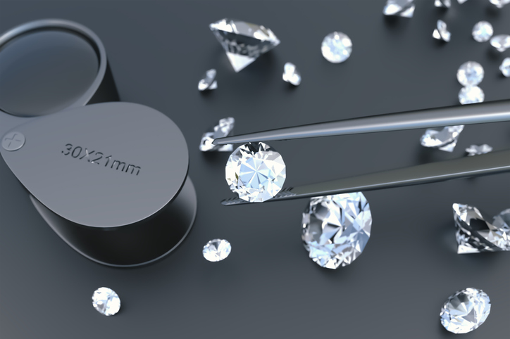 Group of the diamonds standing in the right side of the  composition and tweezers picking up one of them and show the camera on gray background (3d shot of the diamonds)
diamonds, jewelry and a gray background for the finance and business industry.