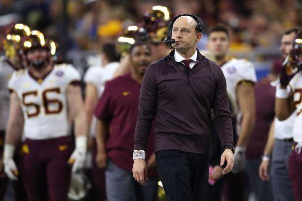 DETROIT, MICHIGAN - DECEMBER 26:  Head coach P. J. Fleck of the Minnesota Golden Gophers look on while playing the Georgia Tech Yellow Jackets during the Quick Lane Bowl at Ford Field on December 26, 2018 in Detroit, Michigan. Minnesota won the game 34-10. (Photo by Gregory Shamus/Getty Images)