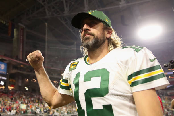 GLENDALE, ARIZONA - OCTOBER 28: Quarterback Aaron Rodgers #12 of the Green Bay Packers walks off the field following the NFL game at State Farm Stadium on October 28, 2021 in Glendale, Arizona. The Packers defeated the Cardinals 24-21.  (Photo by Christian Petersen/Getty Images)