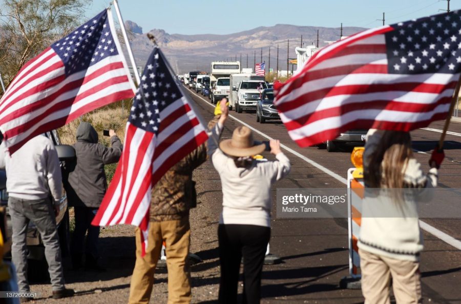 American+Truckers+lead+Peoples+Convoy+Across+the+Country+in+Protest+of+COVID+Mandates