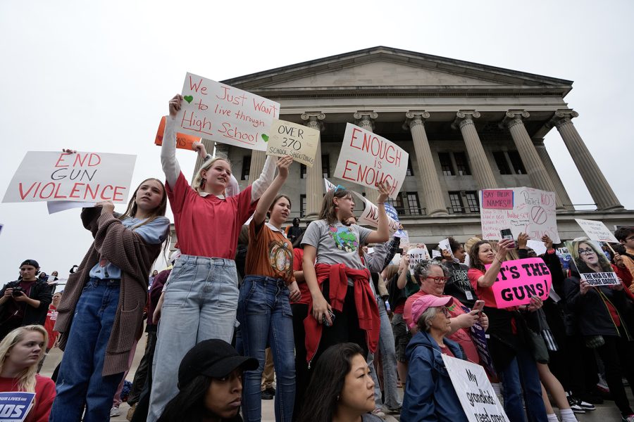 Students+protest+gun+violence+in+schools+in+front+of+the+Capitol+Monday%2C+April+3%2C+2023%2C+in+Nashville%2C+Tenn.+The+protest+was+held+one+week+after+six+people+were+killed+by+a+shooter+at+The+Covenant+School%2C+a+private+Presbyterian+school%2C+in+Nashville.+%28AP+Photo%2FMark+Humphrey%29